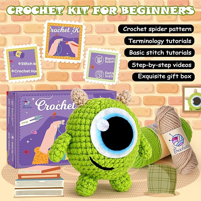 Crochetta Crochet Kit for Beginners, Crochet Starter Kit w Step-by-Step Video Tutorials, Beginner Crochet Kit for Adults Kids Women Men Complete Kit Included (Flower Hairpin)