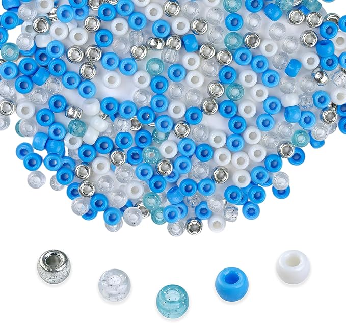 1000PCS 6x9mm Blue and White Pony Beads, Kandi Beads for Bracelets Making Kit, Hair Braids Crafts Jewelry Making Crafts Friendship Necklace Earrings DIY (Blue Silver Mixed Color)