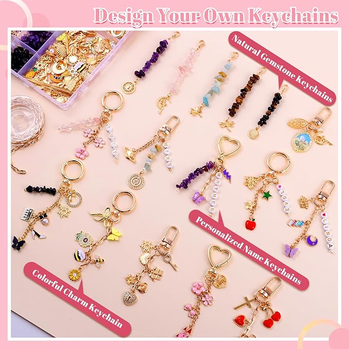 TOHONGADON 907 Pcs Lip Gloss Charms, Keychain Making Kit, Bag Charm Kit with 5 Kinds of Crystal Stones, 343 Charms, 24 Keychain Clips, Key Ring Jewelry Plier, Extender Chain for DIY Crafting