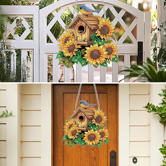 MXJSUA Birdhouse Sunflowers Special Shaped Hanging Diamond Painting Art Kits for Adults, Crystal Rhinestone Acrylic Gem Art Pendant Ornaments Kit for Home Decoration and Gift