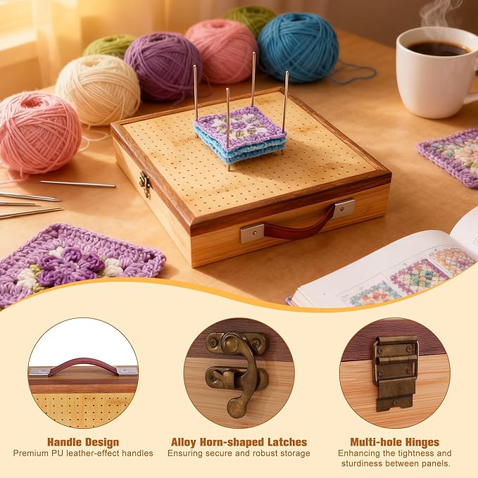 OCPO HOME 12'' Crochet Blocking Board - with Storage Drawer & 20 Pegs, Bamboo Granny Square Blocking Board for Crochet Projects, Ideal Crocheting Gifts for Crocheters