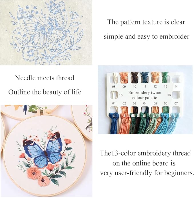 Silentsea Embroidery Kit, Floral and Nature Designs, 3-Pack with Hoops, Needlework Pattern Set (Butterfly)