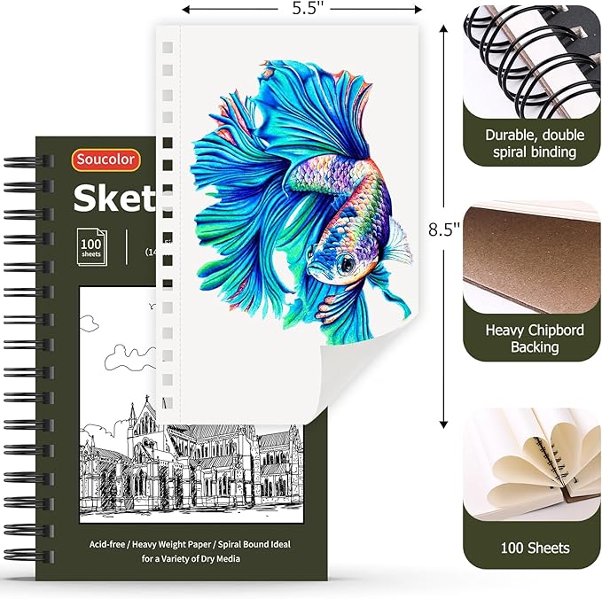soucolor 5.5" x 8.5" sketchbook pack of 2, 200 sheets blank journal notebook, a5, spiral bound sketch pad drawing book acid-free paper (68lb/100gsm), painting sketching drawing notebook art supplies