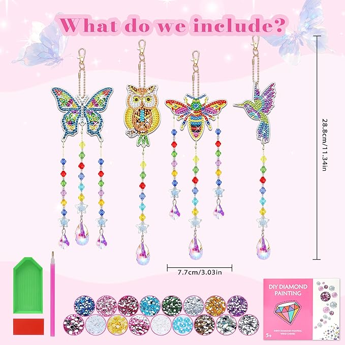 4pcs Diamond Painting Kit for Kids Ages 8-12, Birthday Gifts for 6 7 8 9 10 11 Year Old Girls Diamond Art Kits Crafts for Teen/Adults Wind Chimes Crystal Window Suncatcher for Home Garden Decor