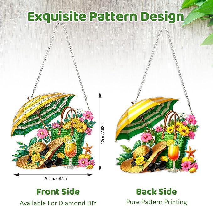 MEIYUDA Summer Diamond Art Hanging Kits for Adult, Beach Bag Diamond Painting Hanging Kits Ornaments, DIY Special Shaped Rhinestone Window Pendants Kit for Home Garden Wall Decor Gift