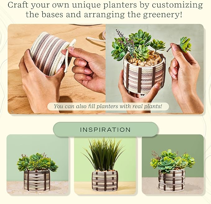 Lifelines FlowCrafts, Cord-Wrapped Planters - Create 2 Unique Planters with Cords in Multi-Colors, Leather Accents, Faux Plant Stems & Decorative Stones - Sensory Arts & Crafts Kit for Teens & Adults