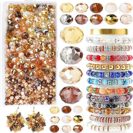 1000 Pcs Rondelle Faceted Glass Beads Crystal Glass Beads for Jewelry Making 4/6/8mm Faceted Briolette Rondelle Bead with Container for Earrings,Necklaces,DIY Beading Projects (Brown)