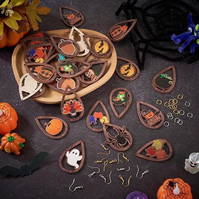 Beadthoven 16 Pairs DIY Halloween Wood Dangle Earrings Making Starter Kit Fall Harvest Wood Pendants Thanksgiving Hollow Teardrop Charms Ornaments Earring Hooks Jump Rings for Jewelry Making Adult