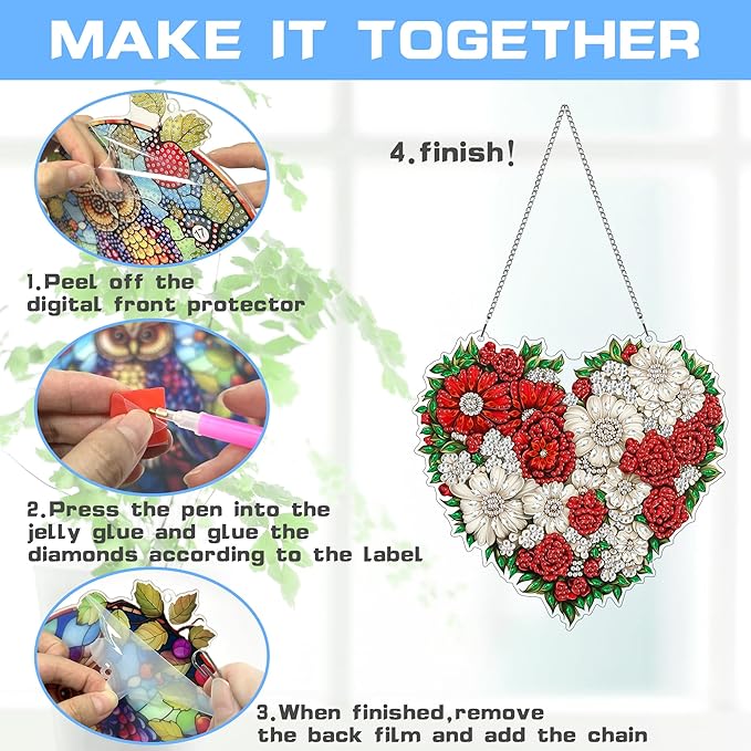 VAIIEYO Flower Diamond Art Hanging Ornament, Heart Diamond Painting Suncatchers Window Hanging Kit with Chain, 7.5x7.5 inch Crystal Pendant Art Craft for Gift Home Wall Front Door Decoration