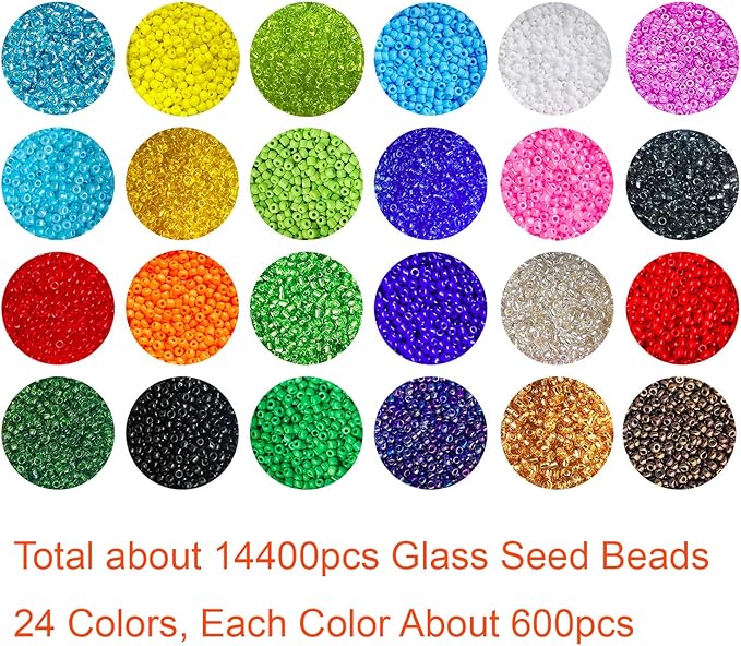 Glass Seed Beads Assorted Kit - Size 12/0 (2mm Tiny), 24 Multicolor Options (14,400pcs Total) with Organizer Box for Adult DIY Jewelry Making