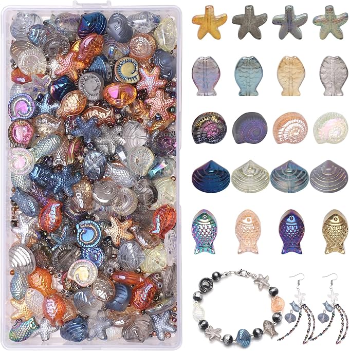 650pcs Starfish, Shell, Snails, Fish Glass Beads for Jewelry Making - Ocean Themed Colorful Star Beads for Bracelet, Loose Spacer for DIY Craft Earrings Necklaces