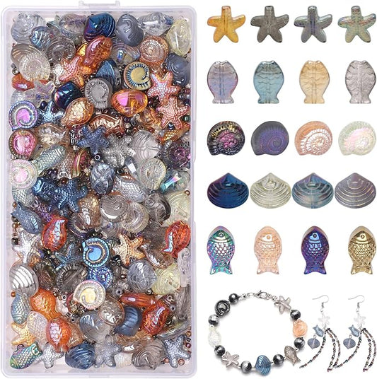 650pcs Starfish, Shell, Snails, Fish Glass Beads for Jewelry Making - Ocean Themed Colorful Star Beads for Bracelet, Loose Spacer for DIY Craft Earrings Necklaces