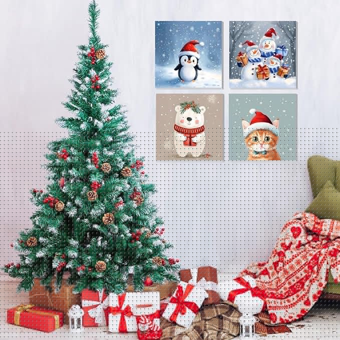 DOMROM 4 Pack Framed Paint by Numbers Snowman for Kids Beginners, Adult Paint by Number Kits Cat on Canvas, Acrylic Number Painting Christmas Craft Kits for Gift Home Decor 8x8in