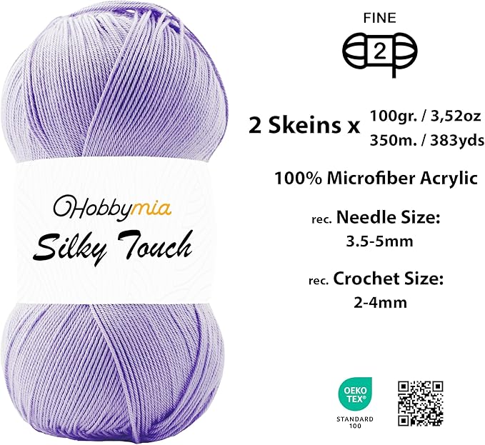 Silky Touch Acrylic Yarn - Soft Sport Weight Yarn for Crochet & Knitting - 100g / 383yds - 100% Microfiber Acrylic - Lightweight Fine Smooth Yarn(Purple - Larkspur Flower, 2 Skeins)