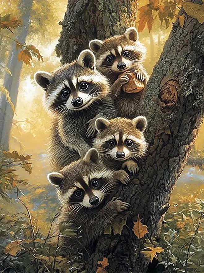CHWGLFGG 5D Diamond Art Kits for Adults Beginners, Raccoon Diamond Painting Kits, DIY Full Round Drill Paint by Diamonds Dot Gem Art for Adults, Home Wall Decor 12x16 Inch