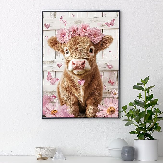 Yezavesu Highland Cow Diamond Art Kits for Adults, Cute Pink Cow 5D Diamond Painting Kit for Beginners, DIY Round Full Drill Painting with Gem Art Craft Kits for Home Wall Decor 12x 16 Inch