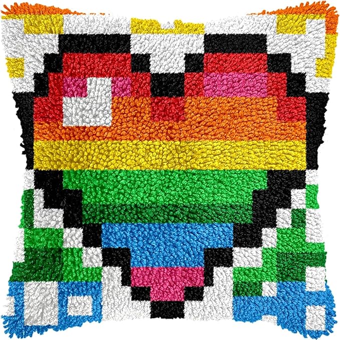 Colorful Love Heart Latch Hook Kits for Adults Kids Beginners Valentine Latch Hook Pillow Kit Pre-Printed Latch Hook Rug Kits Cross-stitch Cushion for Home Sofa Decoration 17x17 in. Craft Gift