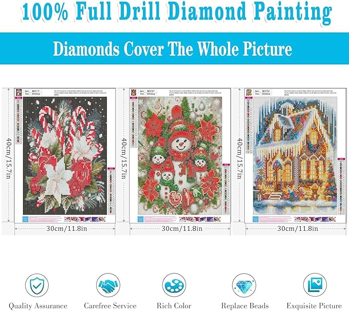 Christmas Diamond Art Kits for Adults - 3 Pack Snowman Candy House Diamond Painting Kits for Adults, 5D DIY Round Full Drill Gem Art Paint by Diamonds Dots Crafts Kits for Home Decor Gift 12x16inch