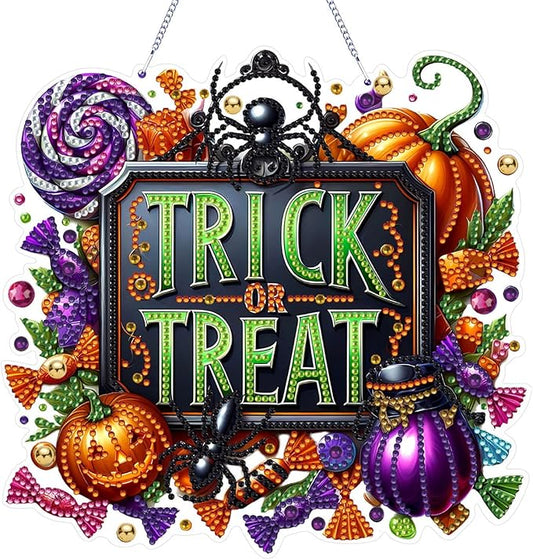 VODAPYC Halloween Diamond Art Hanging Kits for Adults, DIY Double Sided Special Shaped Diamonds Art Window Pendant Ornament for Home Decor(Trick or Treat)