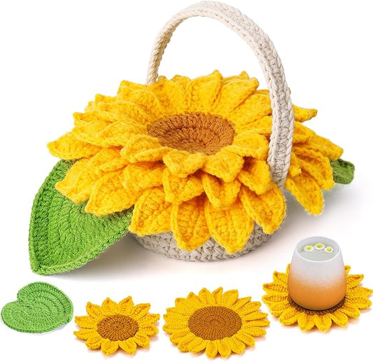 Yizzvb Crochet Kit for Beginners, 5 Pcs Coasters Plant Pot Crochet Start Kit for Adults, Complete Knitting Crochet Supplies with Step-by-Step Instruction, Crochet Hooks, Yarn for DIY Craft Supplies