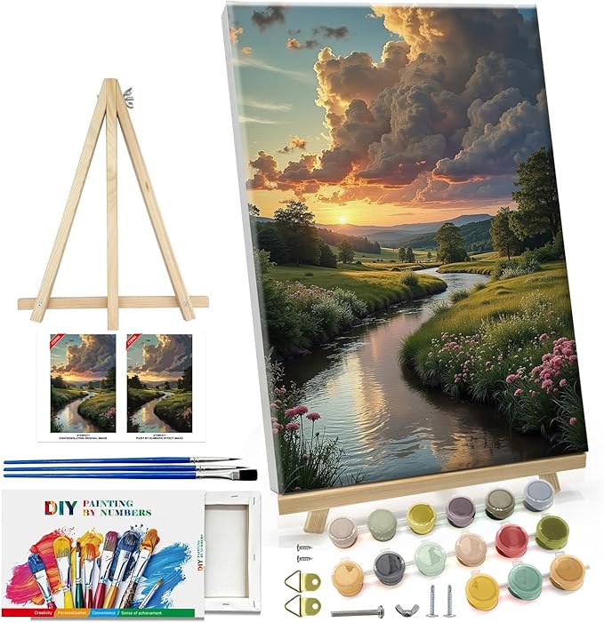 ATDMS Paint by Numbers Kit for Adults with Frame Landscape Paint by Number with Easel Sunset Adult Paint by Number Kits Framed Canvas DIY Acrylic Oil Painting Kits for Home Wall Decor 8x12 Inch