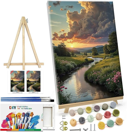 ATDMS Paint by Numbers Kit for Adults with Frame Landscape Paint by Number with Easel Sunset Adult Paint by Number Kits Framed Canvas DIY Acrylic Oil Painting Kits for Home Wall Decor 8x12 Inch