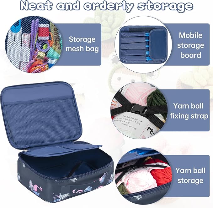 GMAK 59 PCS Crochet Kit for Beginners Adults, Crocheting Sets Include Yarn, Hooks and Tools, Portable Crochet Starter Kit for Making Variety Projects Crocheting Supplies, Navy Flamingo