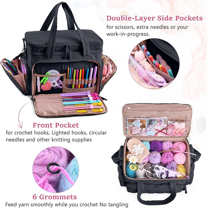 MYBAGZING Large Knitting & Crochet Bag Organizer for Yarn Storage, Double-Layer Knitting Project Bag with 6 Grommets, Yarn Organizer Tote for Knitting Supplies Crochet Hooks & Accessories Gift for Mom