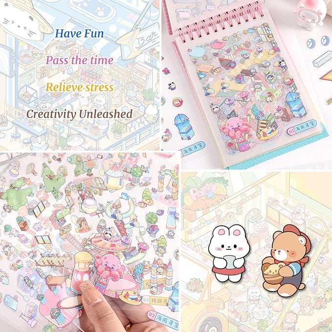 10 Sets DIY 3D House Stickers, Scene Miniature Sticker Book, Cute Cartoon Scenes for Women Girls Teen Kids, Make Your Own Sticker, Fun Room BookRelief Stress Pass The Time