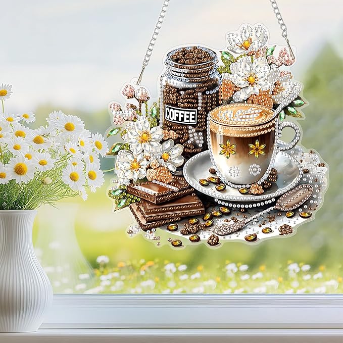 NEWENMO Hanging Diamond Art Kit for Adult, Coffee Cup, 5D Special Shaped Rhinestone Diamond Painting Ornament, Coffee Lover, DIY Acrylic Diamond Art Painting Window Pendants Home Garden Wall Decor