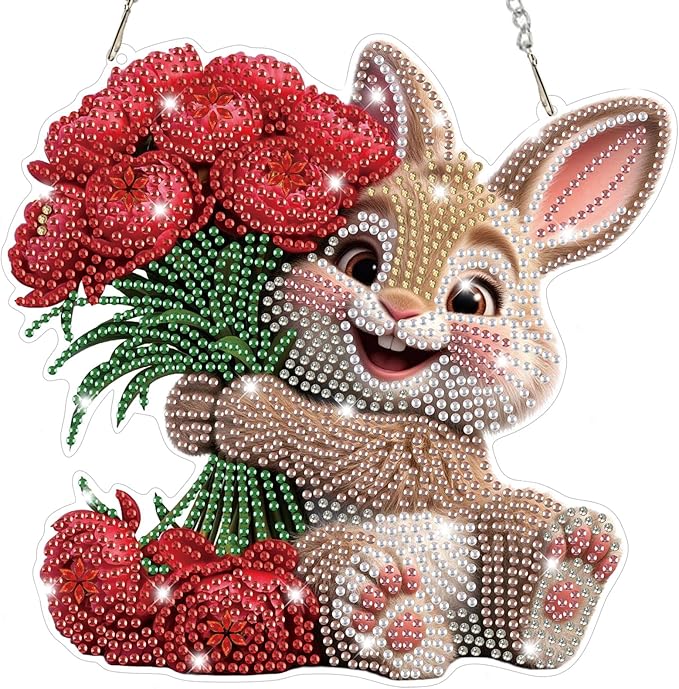 Bowetile Rabbit Diamond Art Hanging Kits for Adults, Diamond Art Suncatchers Bunny, 5D Special Shape Diamond Painting Flowers Pendant Window Ornament Easter Gifts for Home Wall Decor