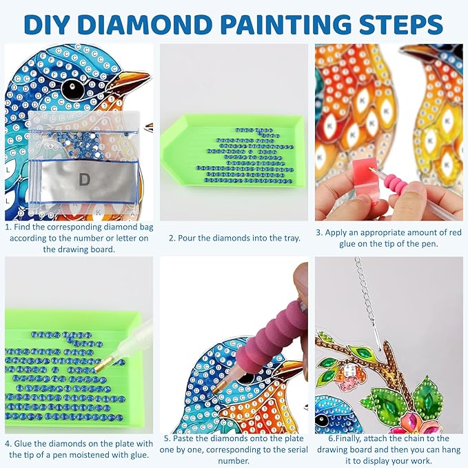 MEIYUDA Bird Diamond Art Hanging Kits for Adult, Glass Flowers Bird Diamond Painting Hanging Kits Ornaments, DIY Special Shaped Rhinestone Window Pendants kit for Home Garden Wall Decor Gift