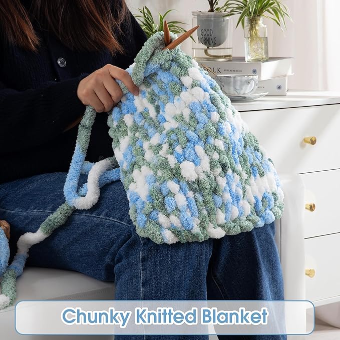 HOMBYS Chunky Tie Dye Mix Chenille Yarn for Hand Knitting, Super Bulky Jumbo Yarn for Crocheting, 3/4" Thick Soft Plush Yarn for Blankets, 8 Skein Pack (26 yds / 7.5 oz Each) Sky Blue,Green,White