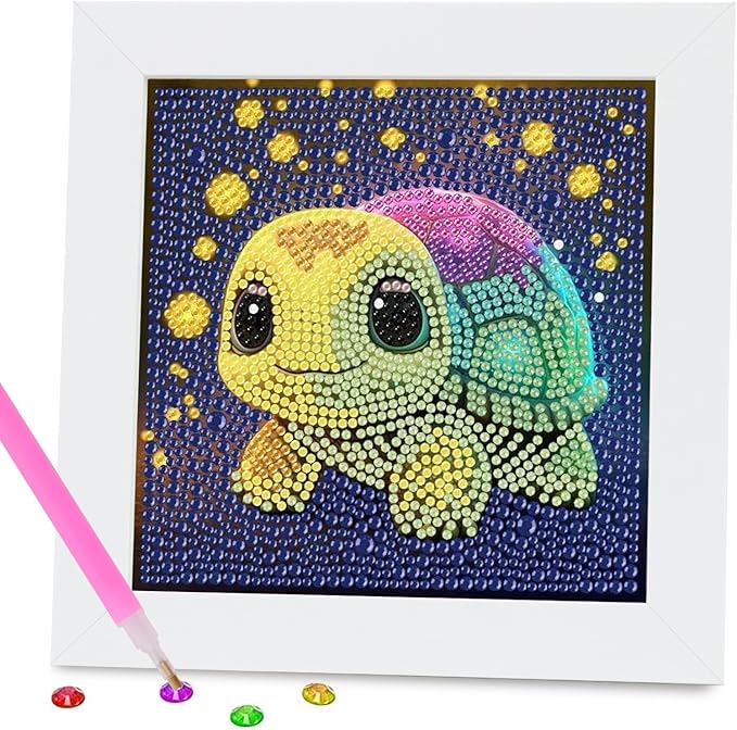 PERFECTSIGHT Cute 5D Diamond Art Kits with Wooden Frame, Kawaii DIY Painting Art for Adults, Diamond Arts and Crafts Sets, Big Gem Full Drill Diamond Dots for Women Beginners (Tortoise)