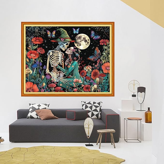 foxhool stamped cross stitch kits,11ct printed cross stitch pattern full embroidery kits for beginner needlepoint kits-moon skeleton couple 16x20 inch