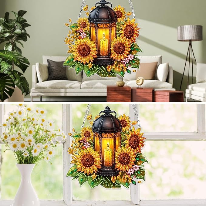 MXJSUA Lantern Sunflowers Special Shaped Hanging Diamond Painting Art Kits for Adults, Crystal Rhinestone Acrylic Gem Art Pendant Ornaments Kit for Home Decoration and Gift