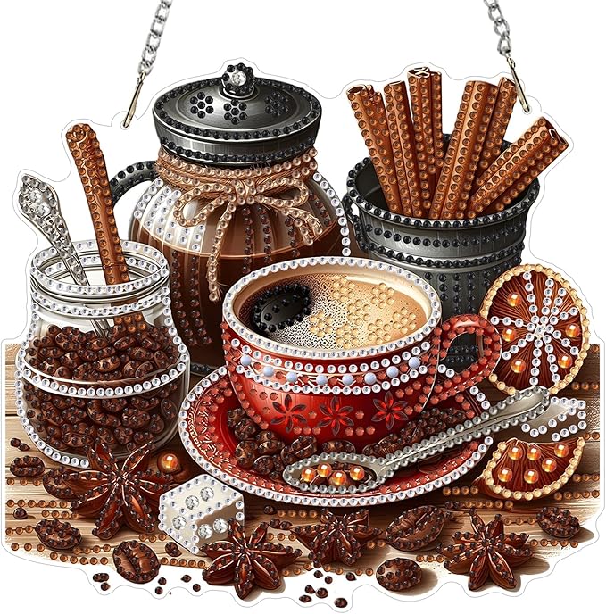 MXJSUA Coffee Kitchen Utensils Diamond Art Hanging Kits for Adults Beginners, Crystal Diamond Suncatchers, Special Shape Diamond Painting Pendant Window Ornament Gifts for Home Garden Door Wall Decor
