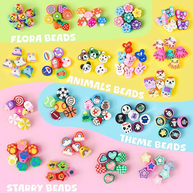 Gionlion 1200 Pcs Polymer Clay Beads Bracelet Making Kit Easter Basket Stuffers, 25 Style Animal Fruit Flower Butterfly Bunny Pony Letter Beads Charms for Jewelry Making, DIY Art and Crafts Toys Gifts