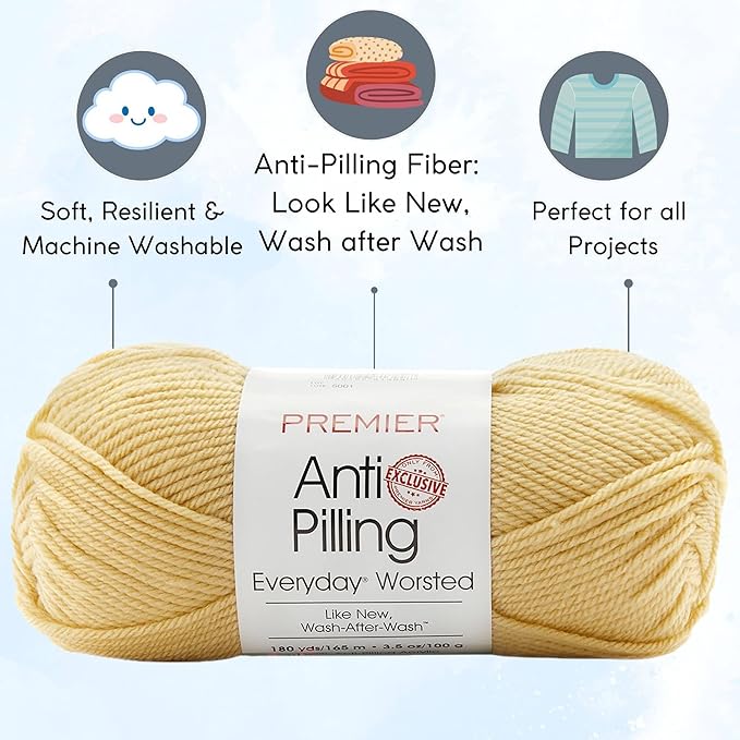 Premier Yarns Everyday Anti-Pilling Solid Butter DN100-88 (3-Skeins - Same Dye Lot) #4 Worsted Weight Acrylic Yarn for Crocheting and Knitting with Project Bag