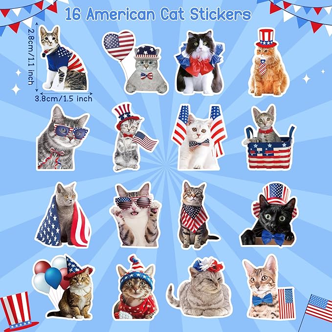 h1vojoxo 4th of july stickers - 1000pcs american patriotic cat stickers for kids vinyl flag cat sticker for independence day memorial and veterans day self-adhesive label for patriotic party decor