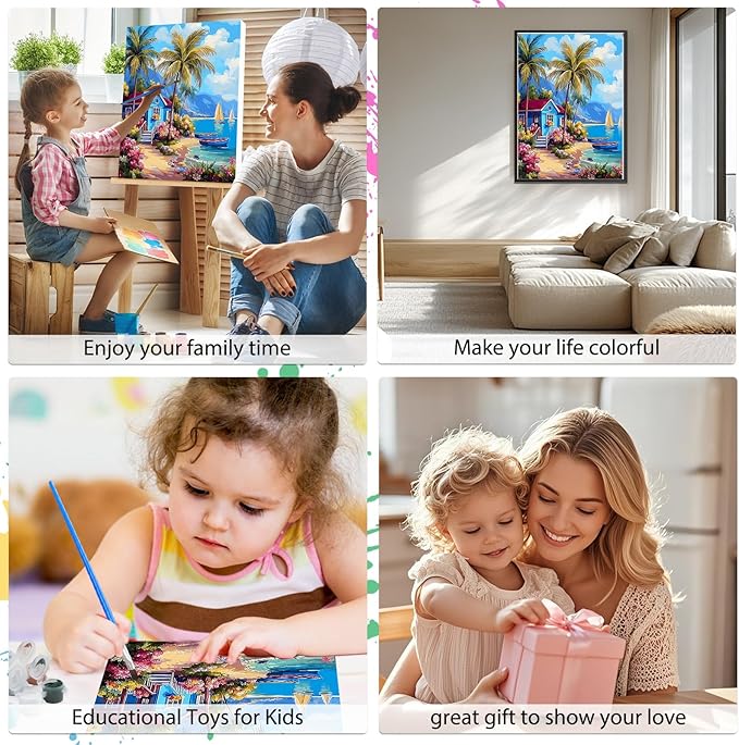 EOBROMD Framed Paint by Numbers Kits for Adults - Wooden Easel, Landscape Beach DIY Kits Crafts for Beginner, Painting on Stretched Canvas, Oil Paint by Numbers for Home Decor Gift 10x14 Inch