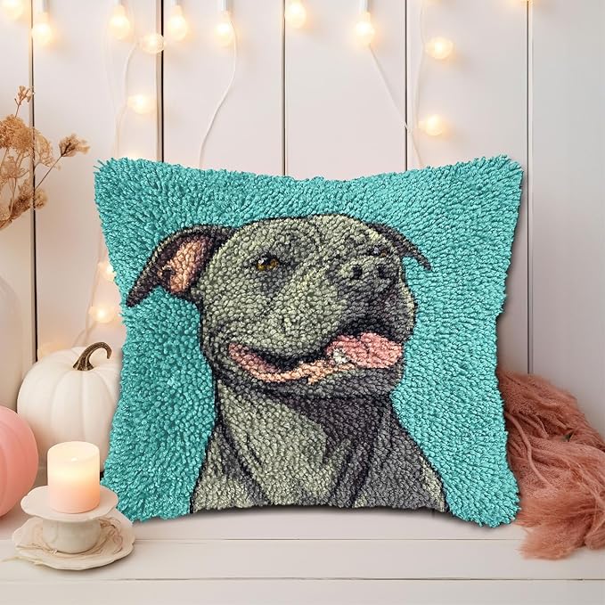 DIY Latch Hook Pillow Kits for Adults Cartoon Pitbull Dog Printed Pillowcase Crochet Yarns Hooking Handmade Pillow Cover Cushion for Home Sofa Decoration 17x17inch-9