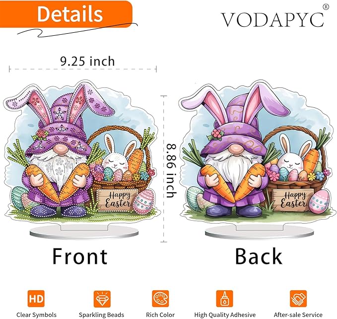 VODAPYC Easter Diamond Art Tabletop, DIY Stand Up Double Sided Special Shaped Partial Diamond Art Desktop Ornaments for Home Decor (Easter Gnome)