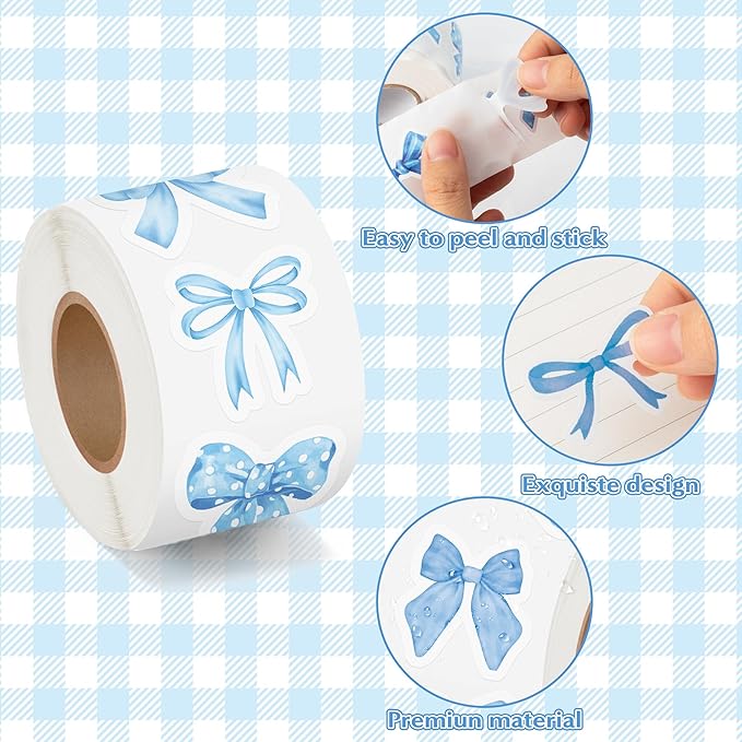 beyumi blue bows sticker roll - 1000pcs coquette blue bow stickers in 2 rolls waterproof vinyl girly aesthetic bowknot decal for gift laptop bottle scrapbooking luggage computer envelope decor for kid