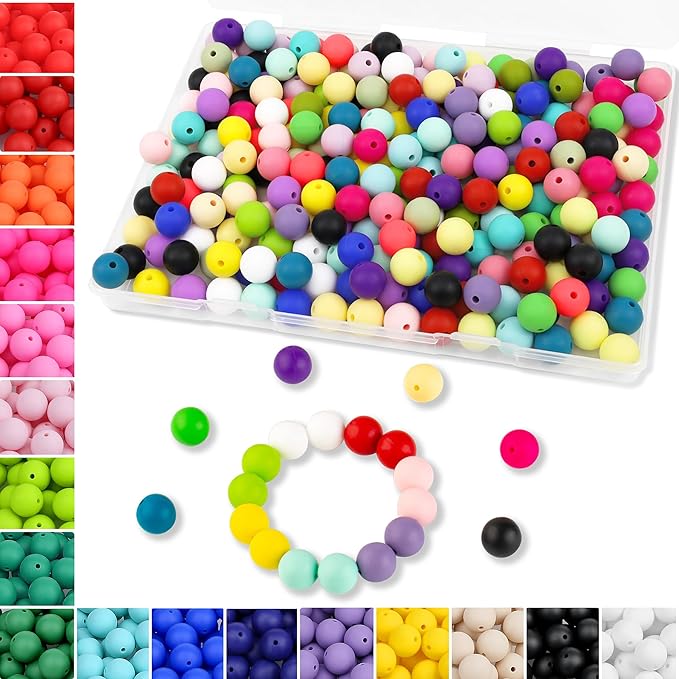 MAIBAOTA 150 Pcs Silicone Beads Bulk, 12 mm Mix Color Silicone Beads for Keychain Making, Loose Rubber Round for Keychain/Pens/Bracelet/Necklace Making（with Boxed Kits）