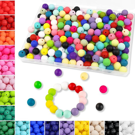 MAIBAOTA 150 Pcs Silicone Beads Bulk, 12 mm Mix Color Silicone Beads for Keychain Making, Loose Rubber Round for Keychain/Pens/Bracelet/Necklace Making（with Boxed Kits）