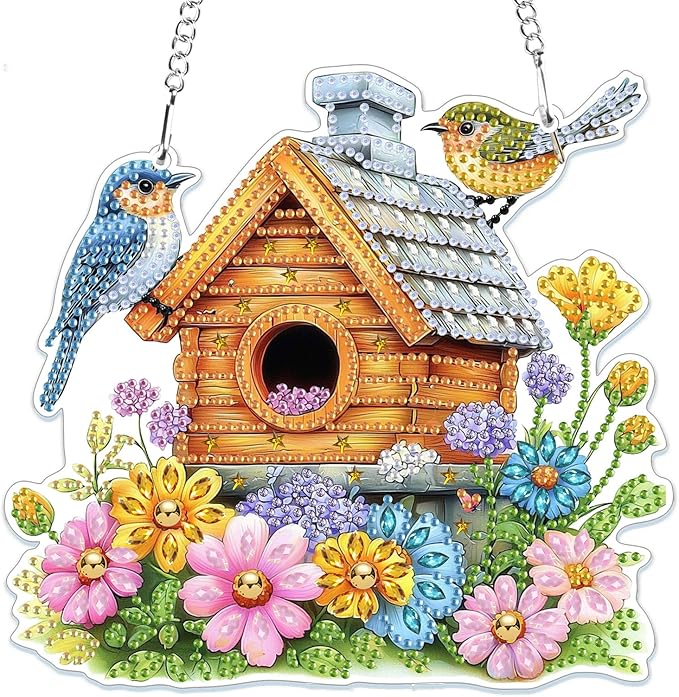 MOGTAA Bird House Diamond Art Hanging Pendant Kits, 5D Special Shape Diamond Art Kits for Adults, Crystal Rhinestones Flowers Diamond Painting Butterfly Gem Art for Home Garden Wall Decor