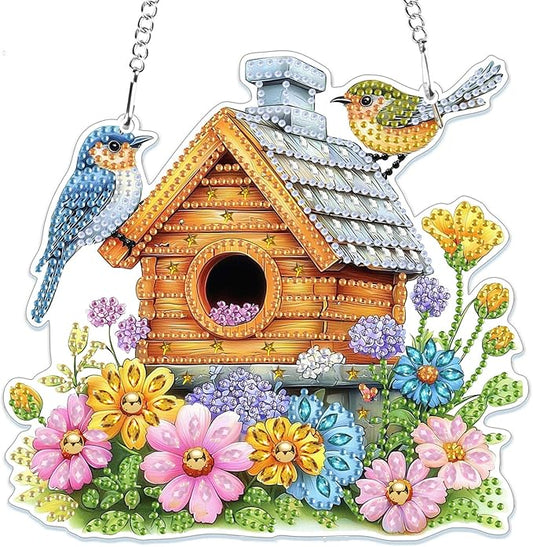 MOGTAA Bird House Diamond Art Hanging Pendant Kits, 5D Special Shape Diamond Art Kits for Adults, Crystal Rhinestones Flowers Diamond Painting Butterfly Gem Art for Home Garden Wall Decor
