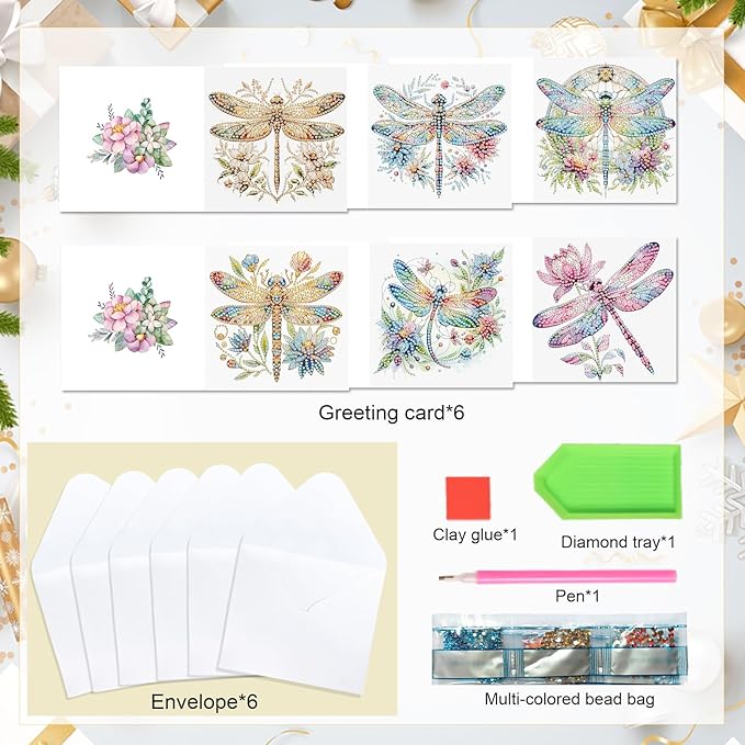 6pcs 5D DIY Diamond Painting Kit Greeting Card,Diamond Handmade Greeting Card with Envelope, Holiday Gift Congratulations Colourful Dragonfly