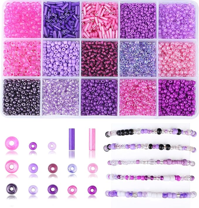 DUQGUHO Purple Beads for Jewelry Making 4mm Purple Glass Seed Beads Kit 15 Color 3mm 2mm Small Plastic Tube Bead for Bracelets Craft DIY